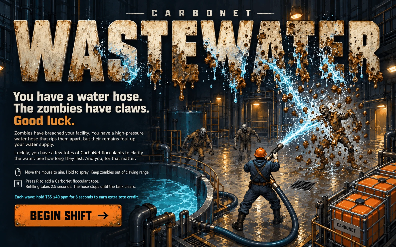 WASTEWATER — CarboNet. Dissolving letters above a water-treatment zombie battle.